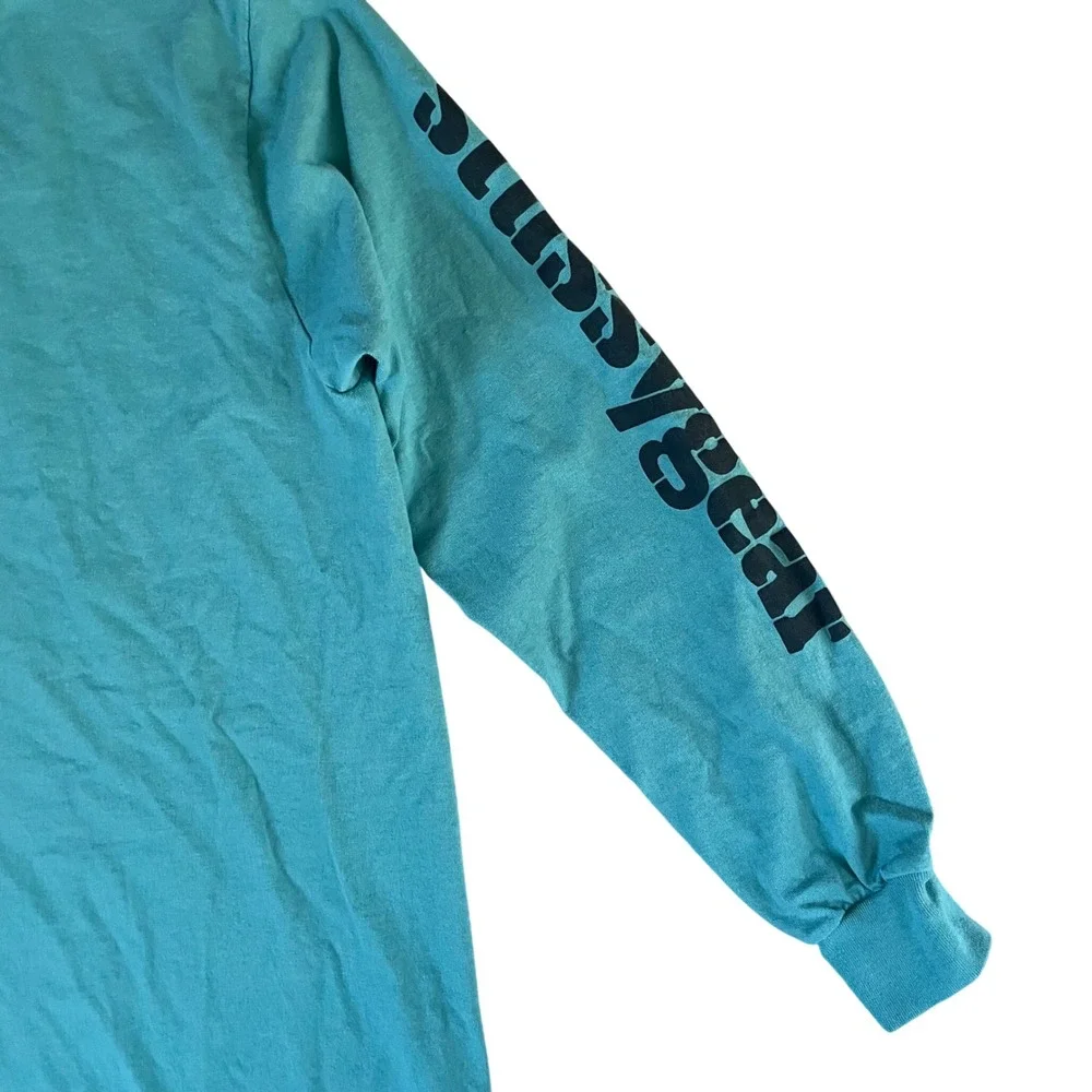 🔥 Stussy Long Sleeve Turquoise Blue Logo Skate Graphic Tee T Shirt • Men Size L
